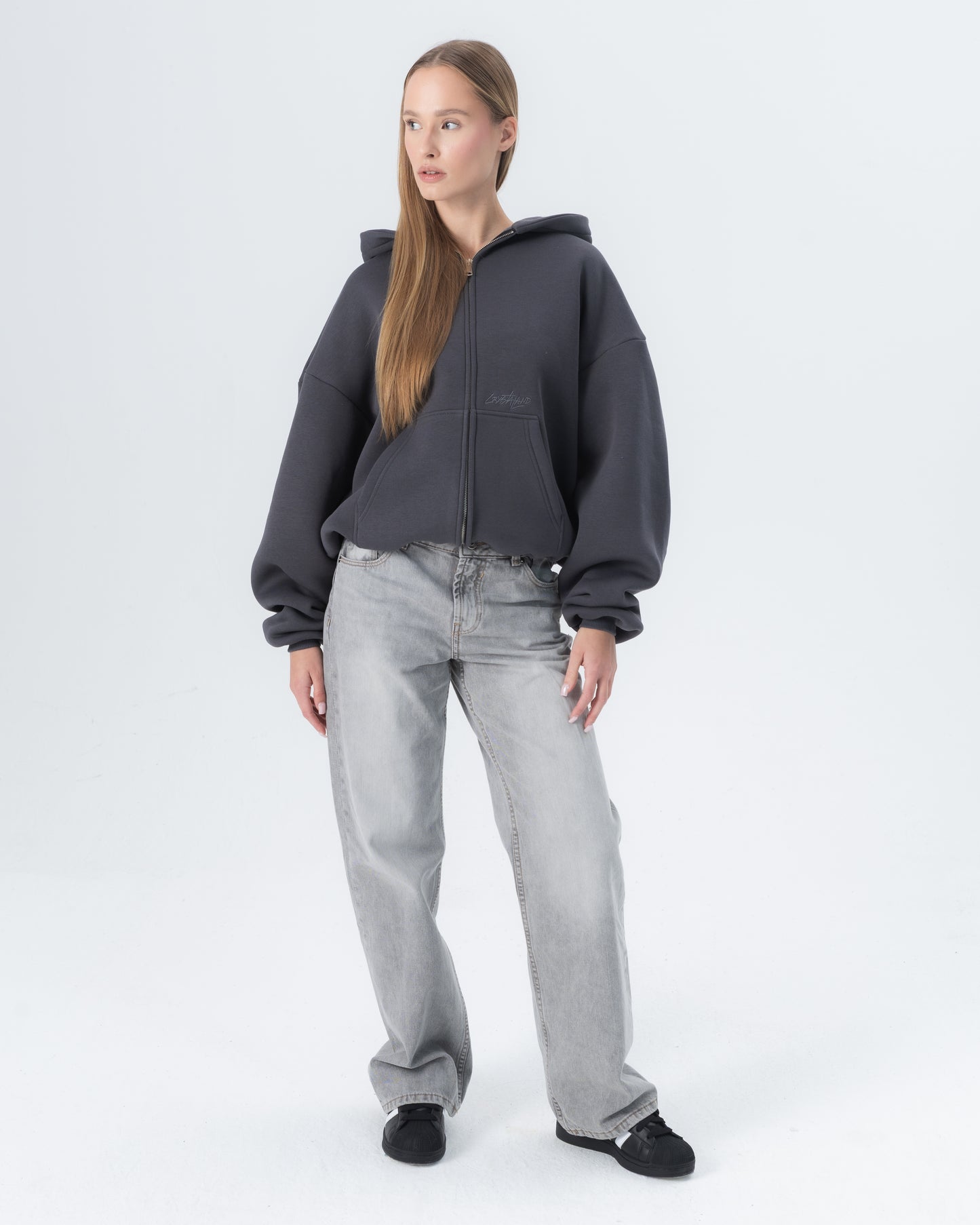 CRYSTALAND ESSENTIAL SHADOW GREY ZIP HOODIE