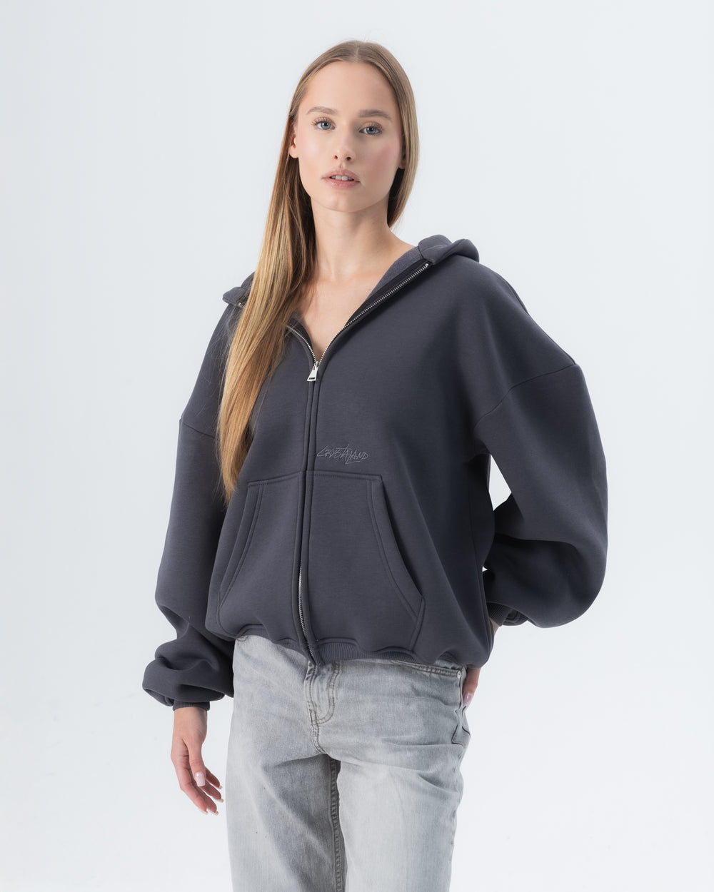CRYSTALAND ESSENTIAL SHADOW GREY ZIP HOODIE