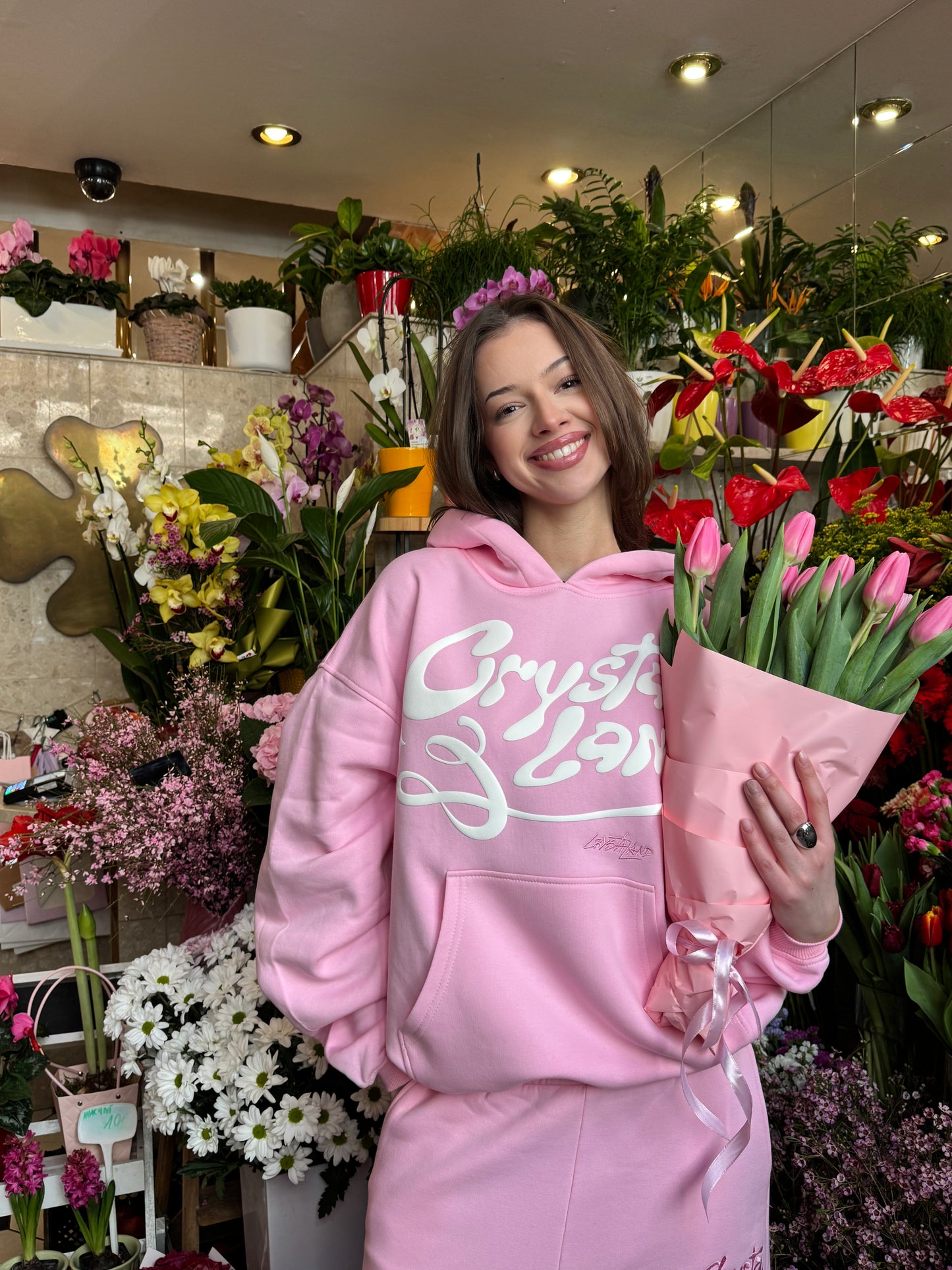 CRYSTALAND PUFF PRINT BABY PINK HOODIE