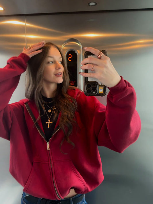 CRYSTALAND ESSENTIAL BURGUNDY ZIP HOODIE