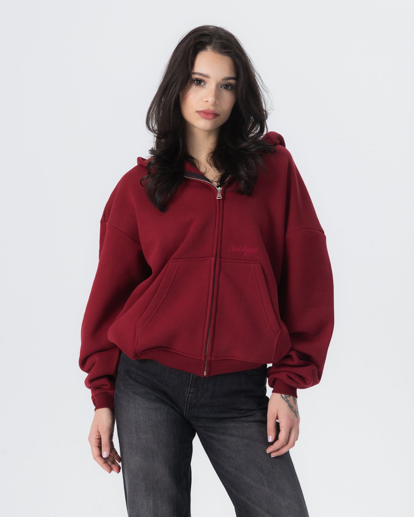 CRYSTALAND ESSENTIAL BURGUNDY ZIP HOODIE
