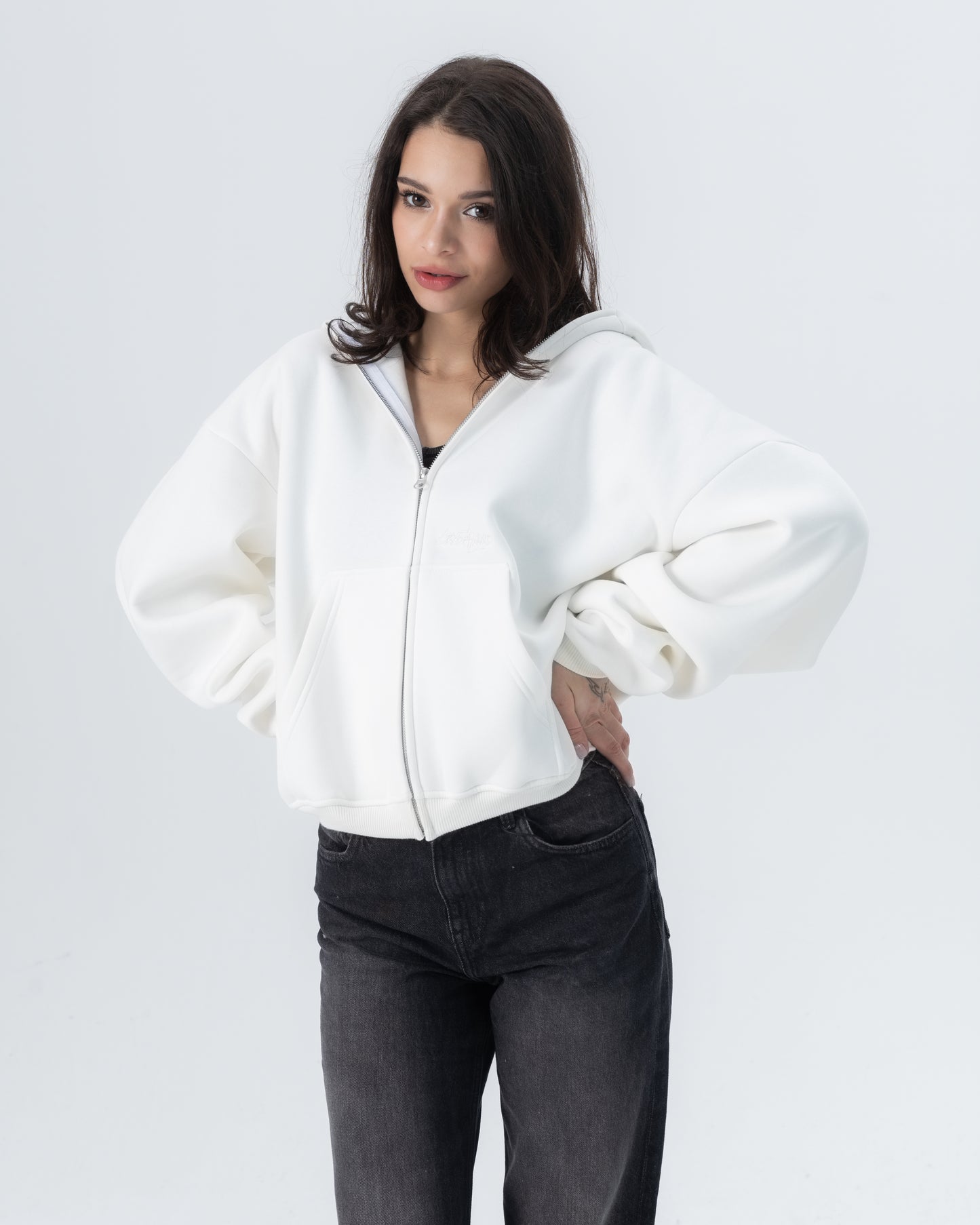 CRYSTALAND ESSENTIAL ECRU ZIP HOODIE