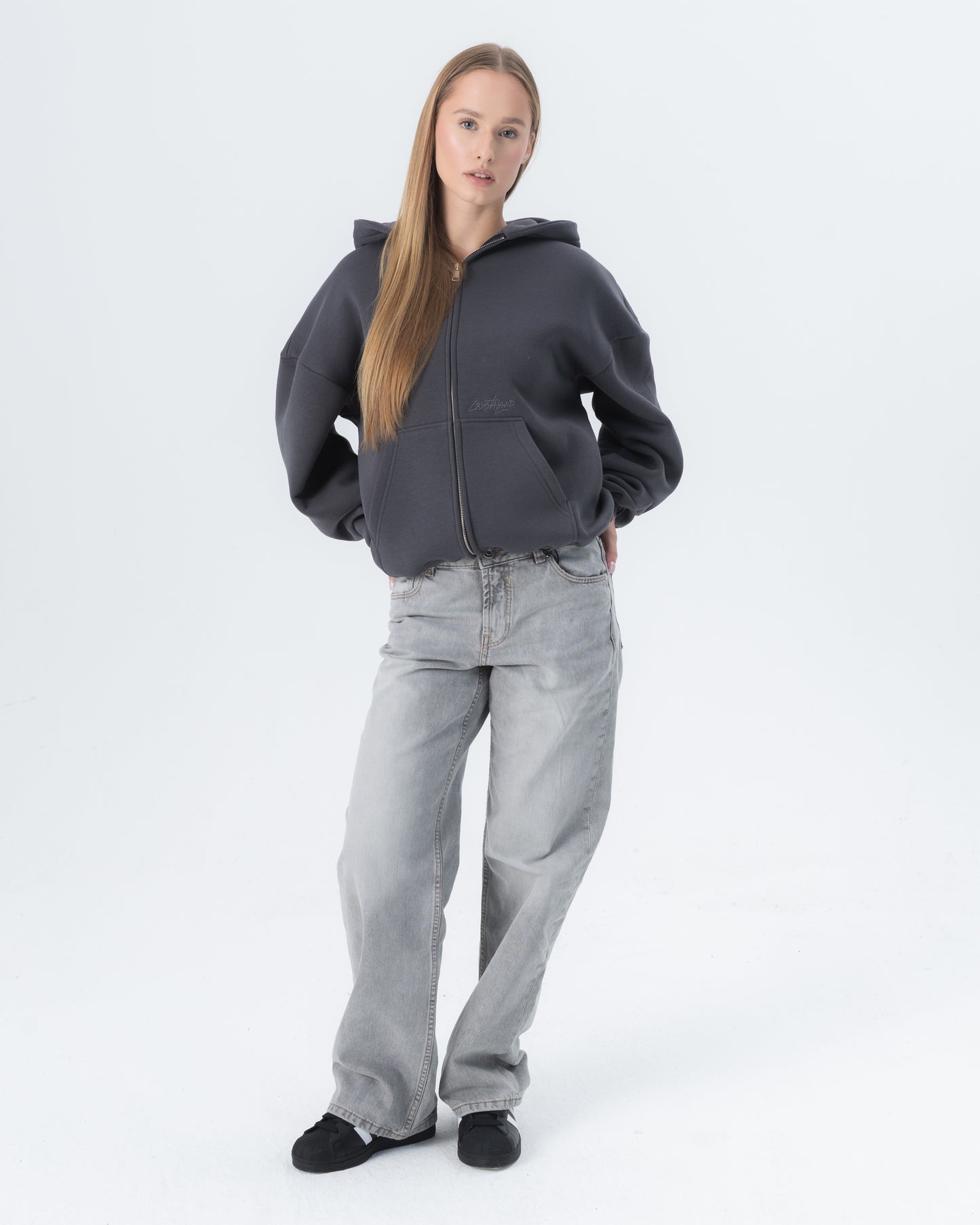 CRYSTALAND ESSENTIAL SHADOW GREY ZIP HOODIE