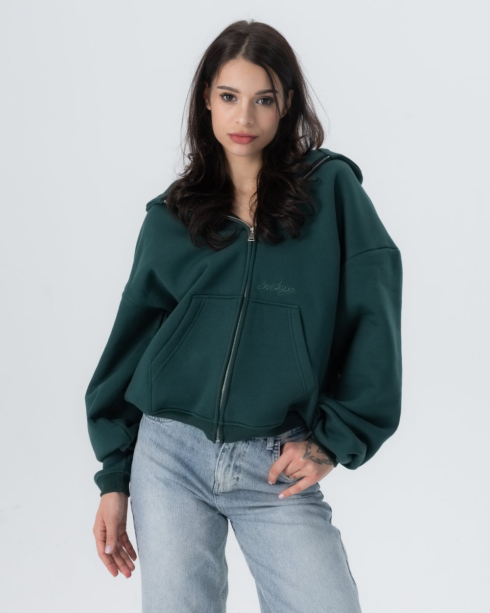 CRYSTALAND ESSENTIAL FOREST GREEN ZIP HOODIE