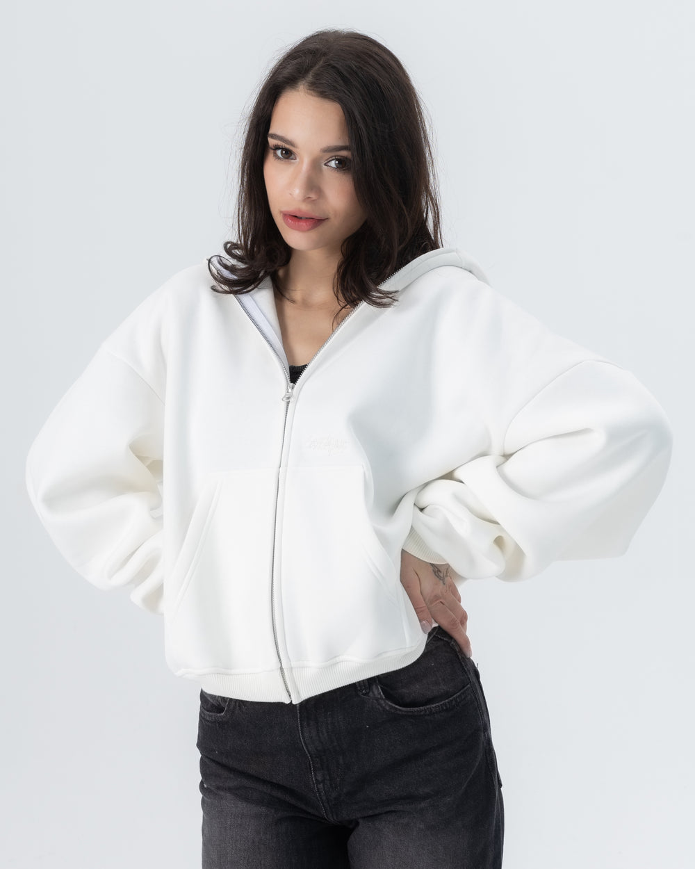 CRYSTALAND ESSENTIAL ECRU ZIP HOODIE