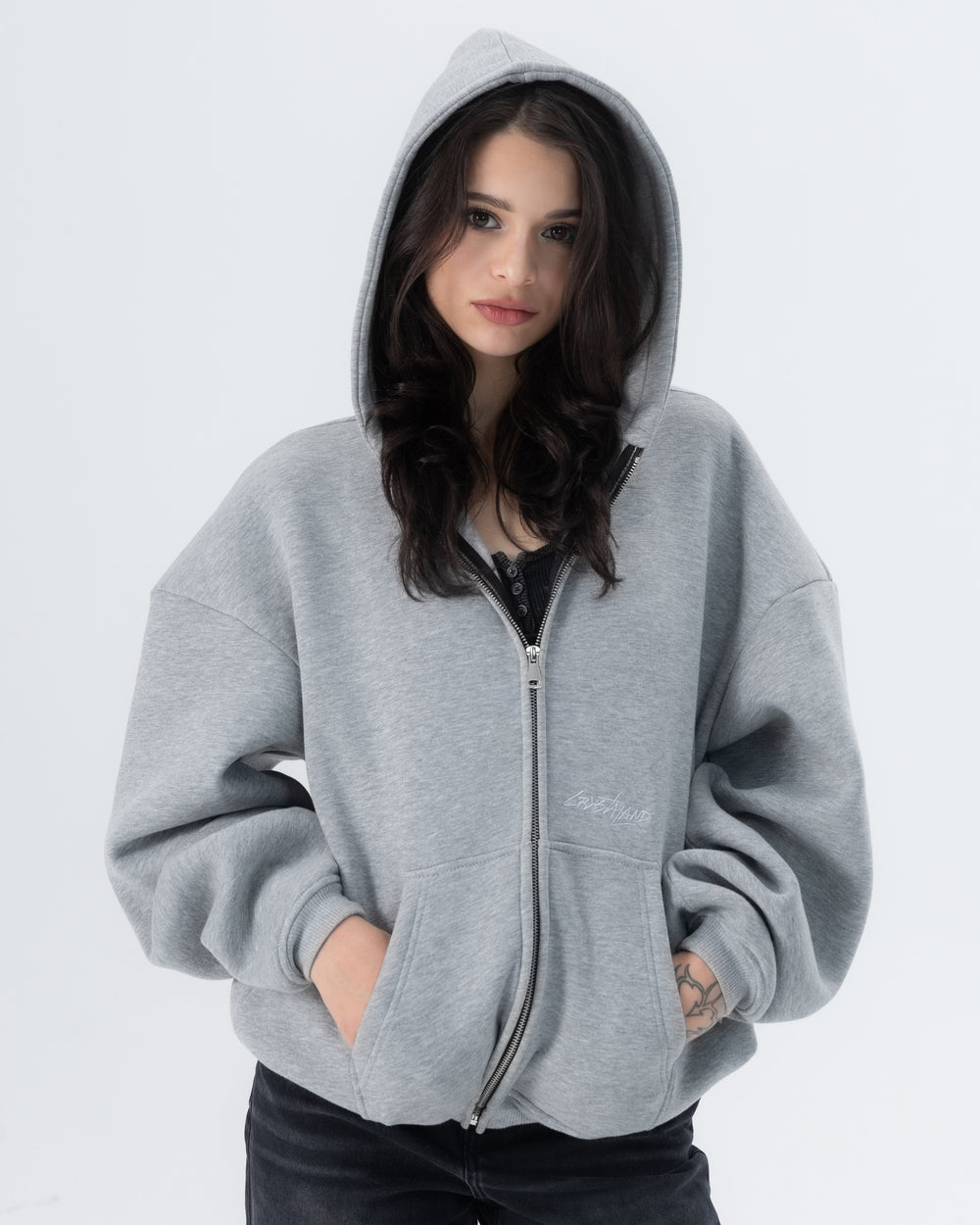 CRYSTALAND ESSENTIAL GREY ZIP HOODIE