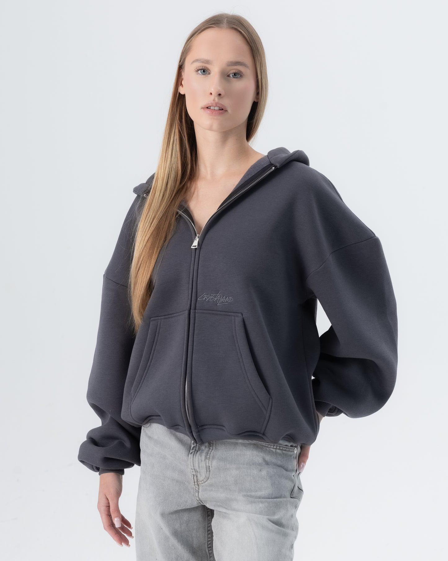 CRYSTALAND ESSENTIAL SHADOW GREY ZIP HOODIE